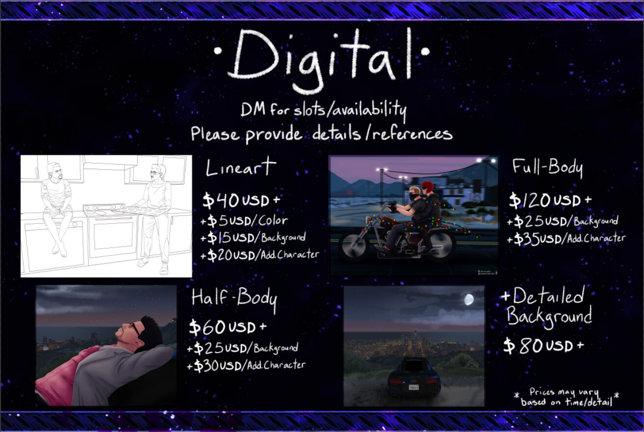 A slide of the prices for my digital pieces. DM @AkumaAsylum on Twitter for text.