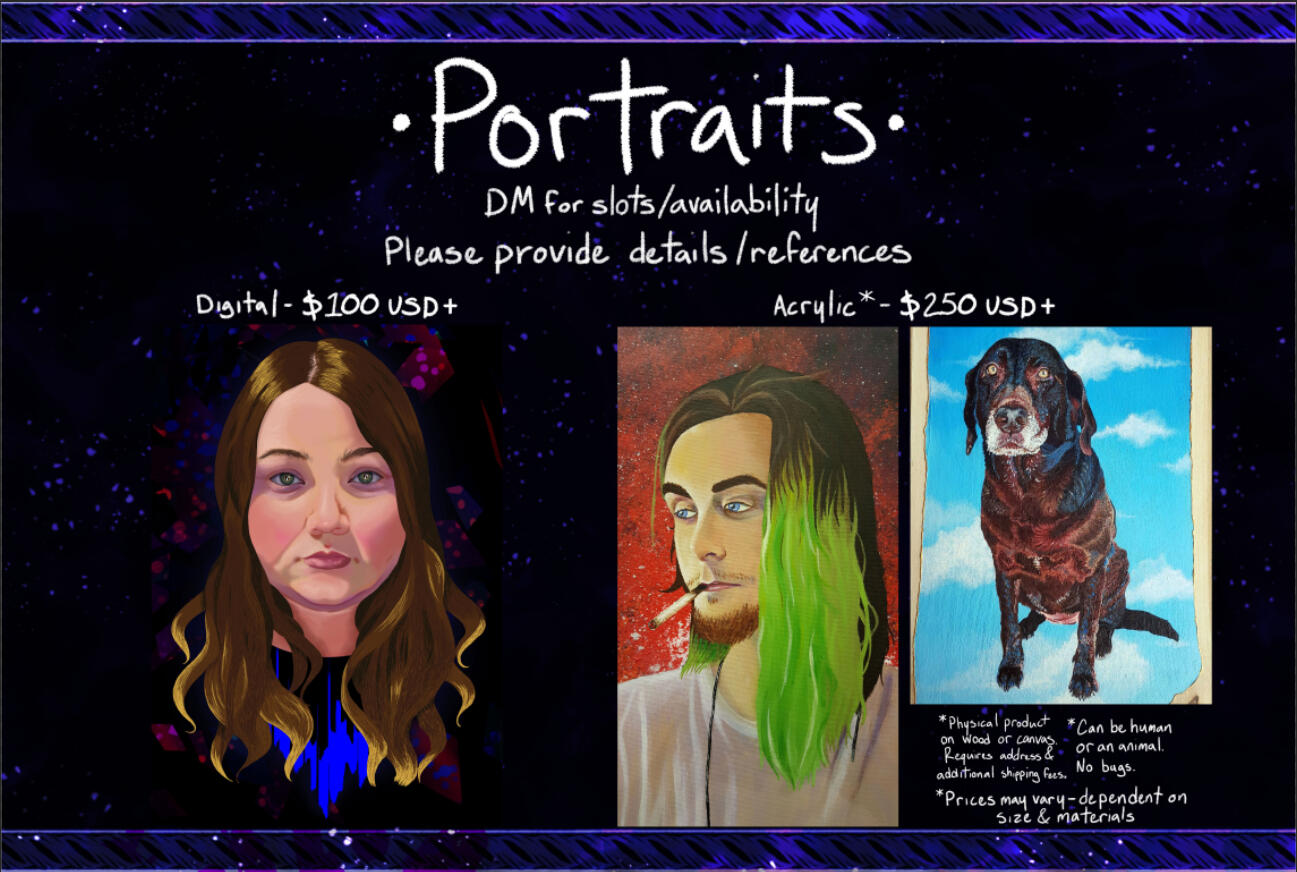 A slide of the prices for my human and animal portraits. DM @AkumaAsylum on Twitter for text.