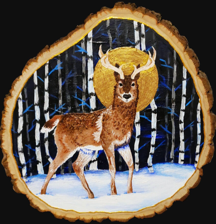 A painting of a deer in a snowy forest with a golden halo.