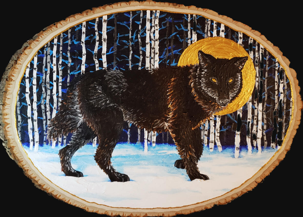 A painting of a wolf in a snowy forest with a golden halo.